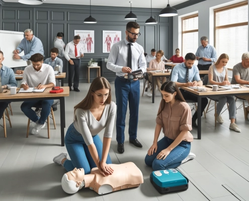 DALL·E 2024-05-30 16.25.33 - A CPR and AED training session in progress. The scene includes a diverse group of participants such as parents, teachers, office workers, and communit