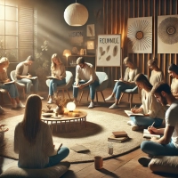 DALL·E 2024-12-03 11.51.45 - A realistic promotional image for a workshop on self-awareness and inner communication. The scene shows a diverse group of participants journaling or