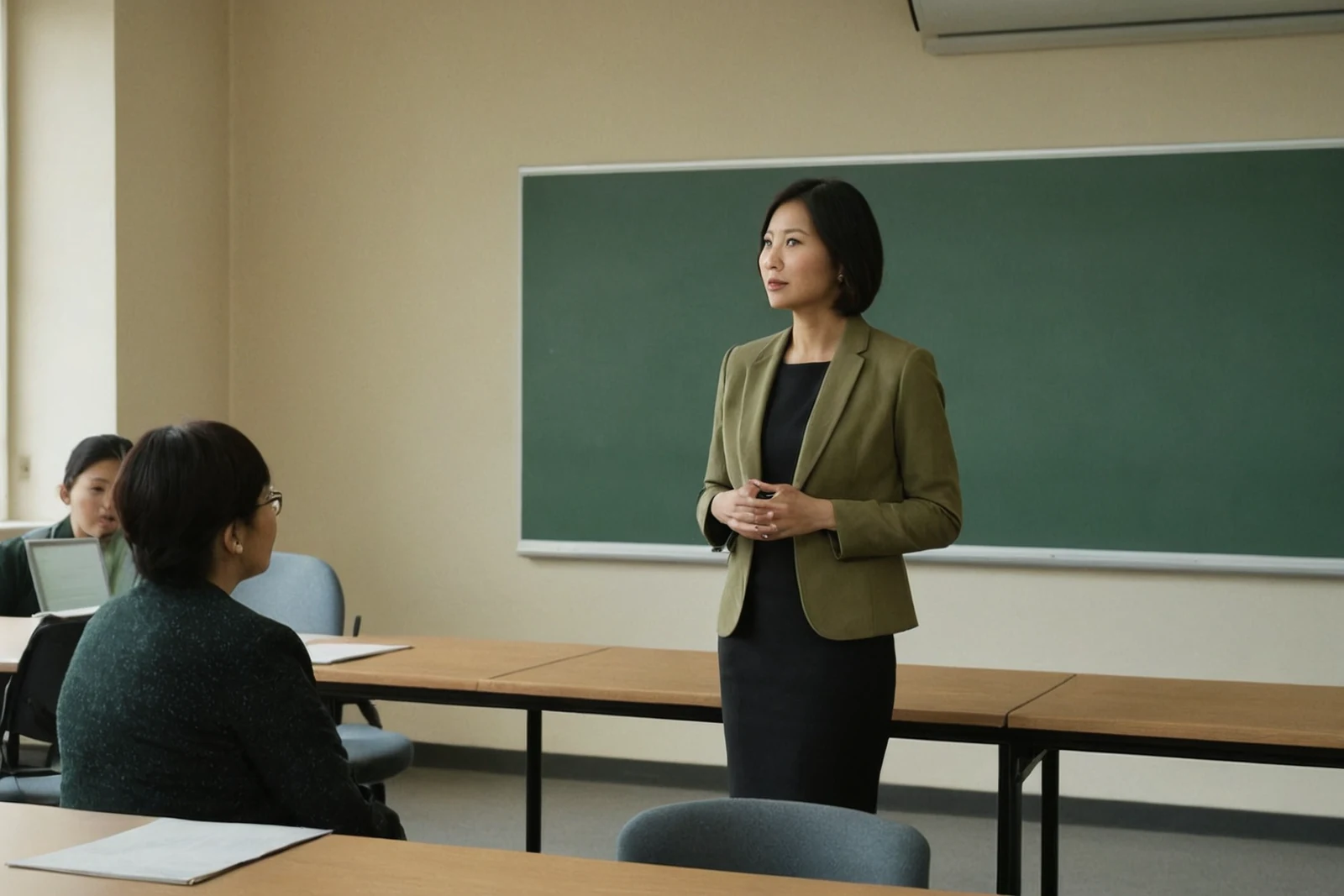 講師站在教室黑板前,面向坐在桌旁的成人學員授課。