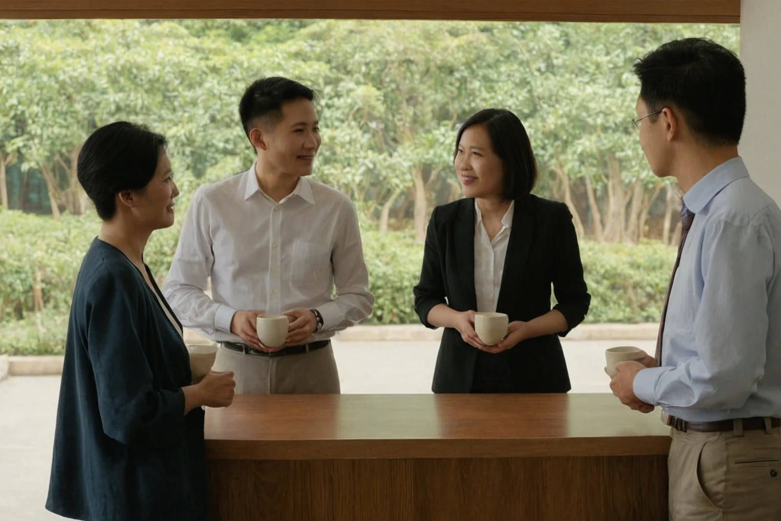 四位成人在窗邊木質櫃台旁手持陶杯交談。
