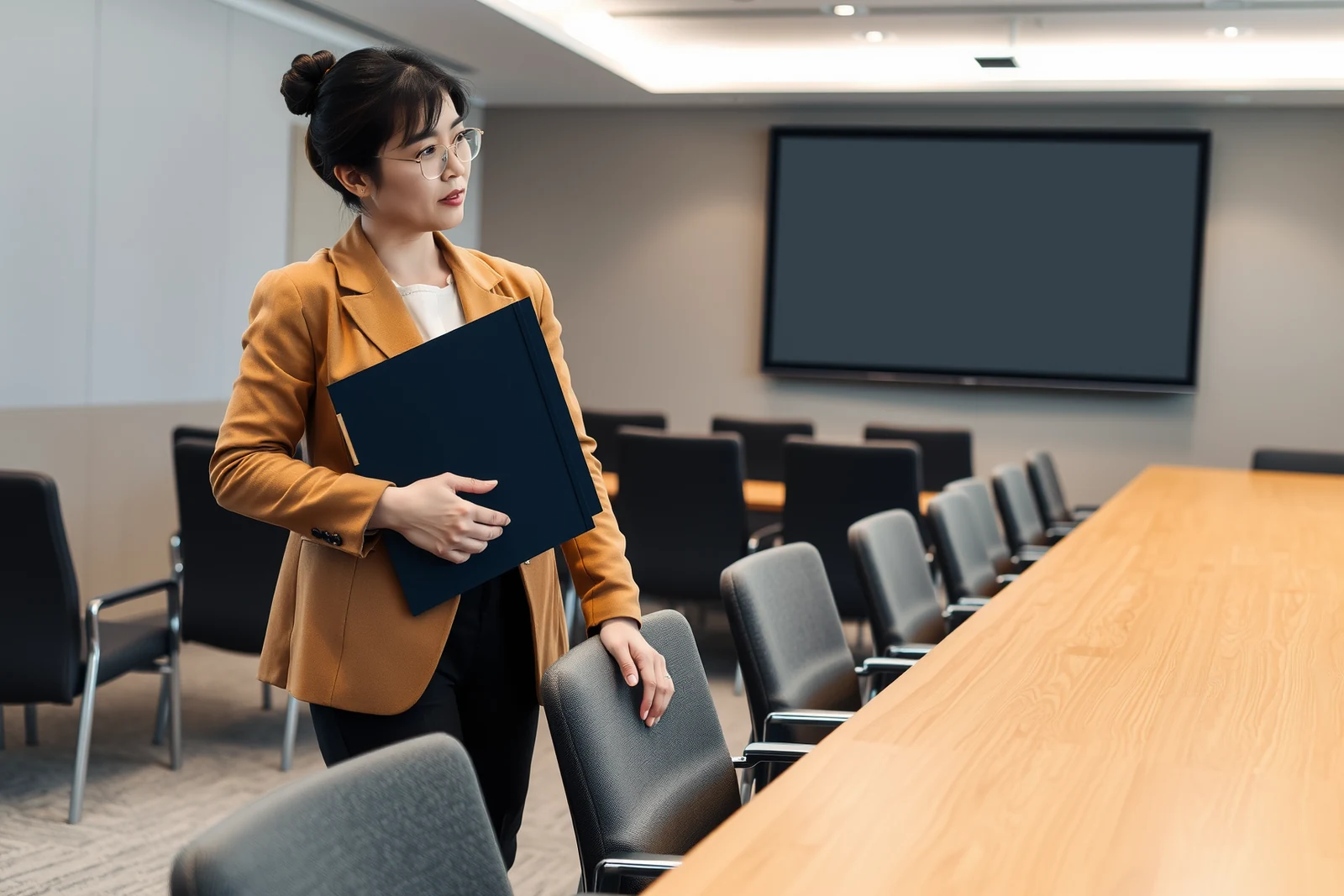 一位戴眼鏡的成人持深色文件夾、手扶椅背觀察會議室，旁邊是木桌、排椅與空白壁掛螢幕
